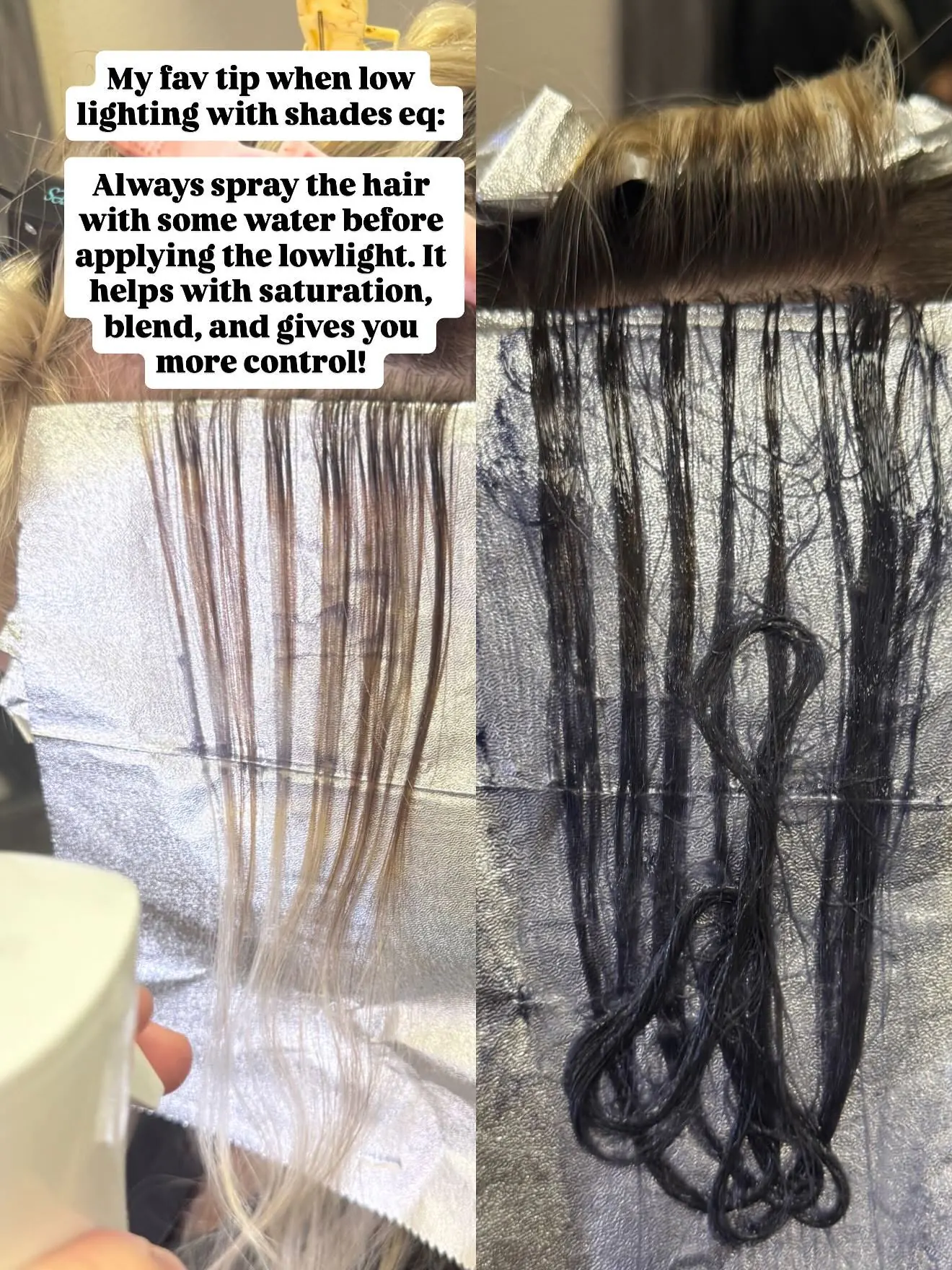 My fav tip when lowlighting with Shades EQ: always spray the hair with some water before applying the lowlight. It helps with saturation, blend, and gives you more control — Cosmetology by Cami, Hammond, Louisiana