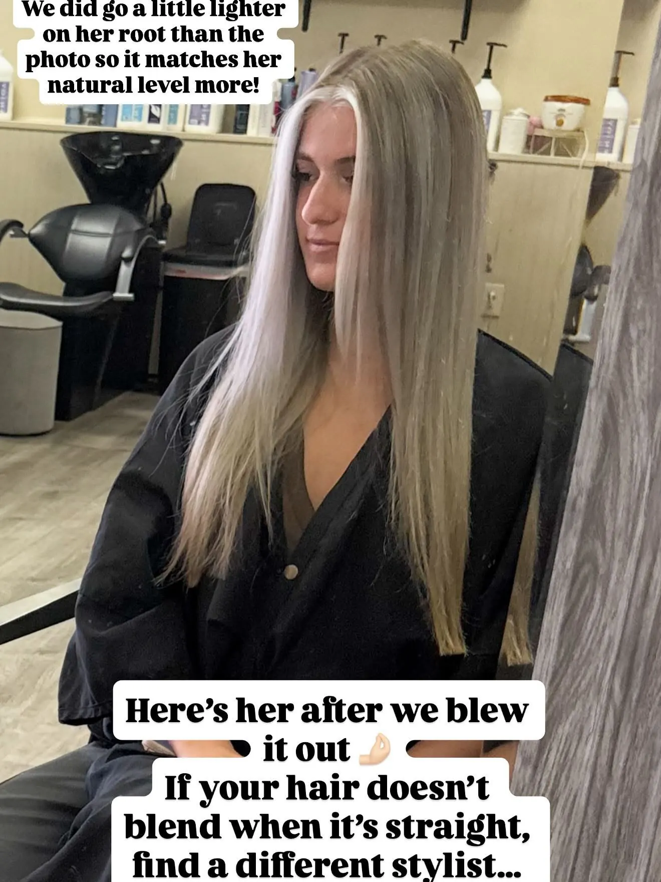 We did a little lighter on her root than the photo so it matches her natural level more. Here's her after we blew it out — Cosmetology by Cami, Hammond, Louisiana