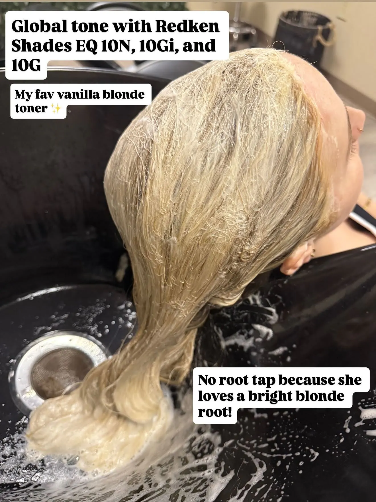 Global tone with Redken Shades EQ 10N, 10Gi and 10G — my fav vanilla blonde toner. No root tap because she loves a bright blonde root — Cosmetology by Cami, Hammond, Louisiana
